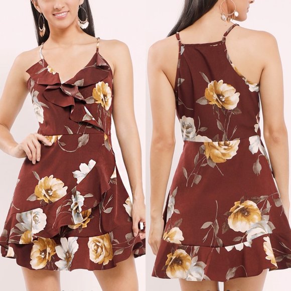 mine Dresses & Skirts - Mine Boutique Ruffle Surplice Cinnamon Rust Floral Wrap Mini Dress Size L